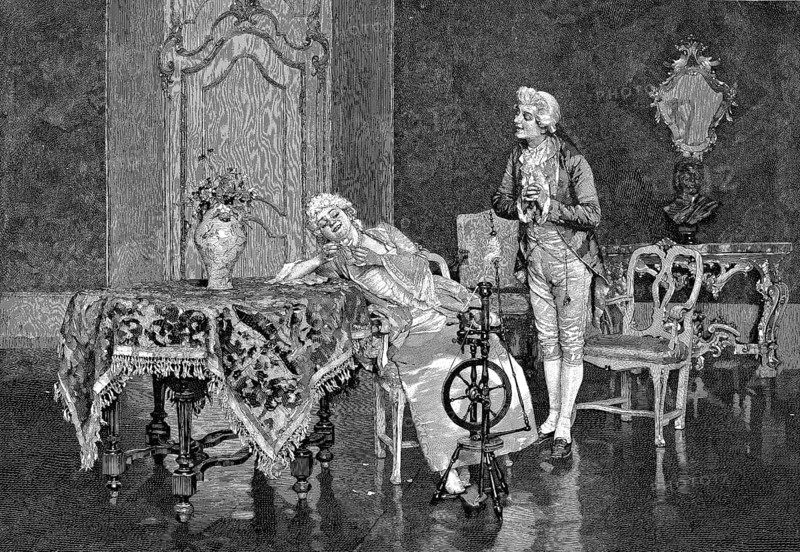 Frau mit Spinnrad. Hoefischer Herr hat eine Blume praesentiert. Holzschnitt nach einem Gemaelde von Bedini