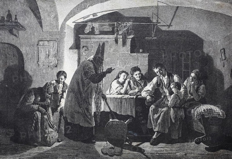 Der heilige Nikolaus besucht die Familie und fragt das Kind