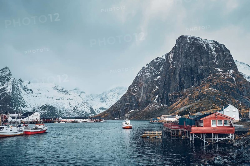 Hamnoy fishing village with ships fishing boats on Lofoten Islands