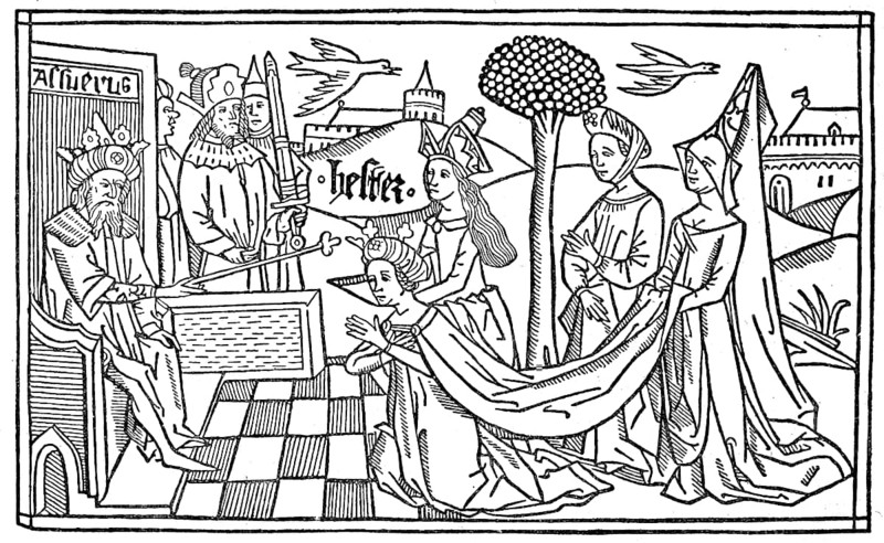 Esther kneels in front of Asverus