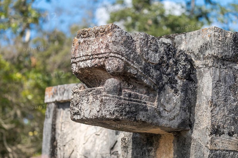 Mayan jaguar figurehead sculptures at the archaeological site in chichen itza
