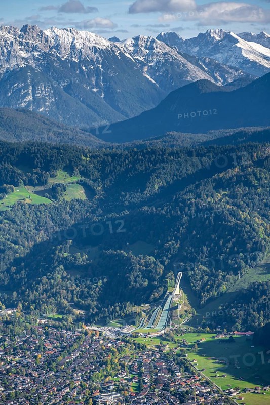View over Garmisch-Partenkirchen with ski jump and Wetterstein Mountains