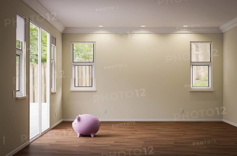 Piggy bank sitting on the floor of empty room of house with blank wall