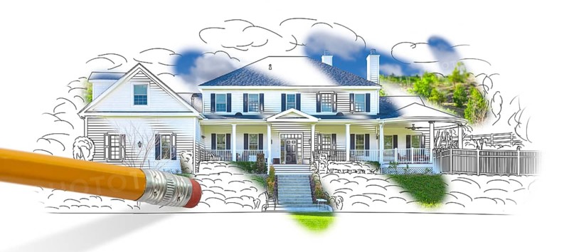 Pencil erasing drawing to reveal finished custom house design photograph