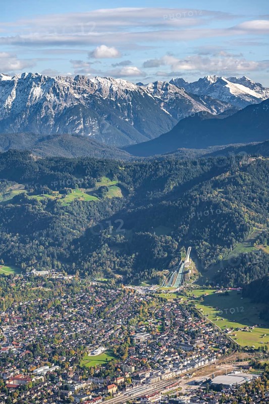 View over Garmisch-Partenkirchen with ski jump and Wetterstein Mountains