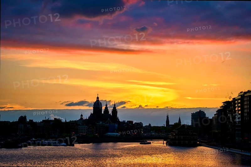 Amsterdam cityscape skyline with Church of Saint Nicholas