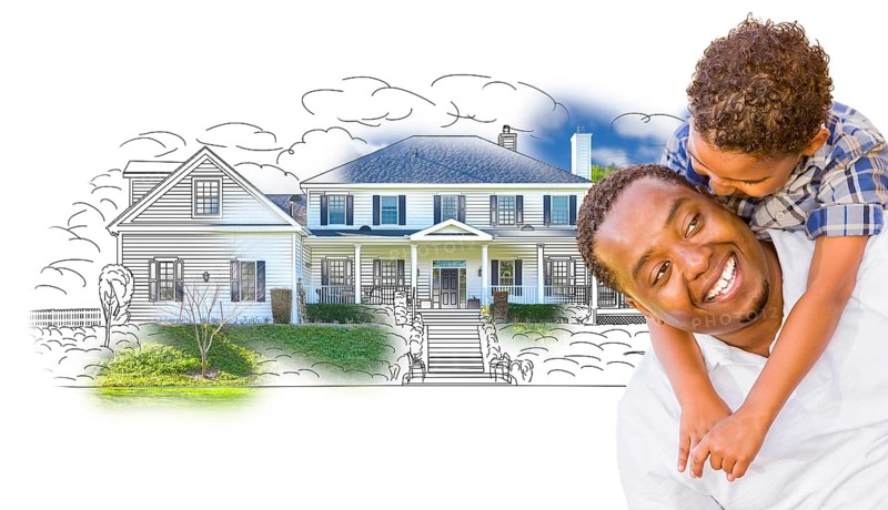 mixed-race father and son over house drawing and photo combination on white