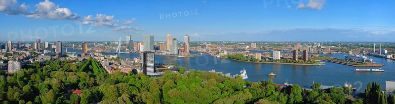 Aerial panorama of Rotterdam city and the Erasmus bridge Erasmusbrug over Nieuwe Maas river from Euromast