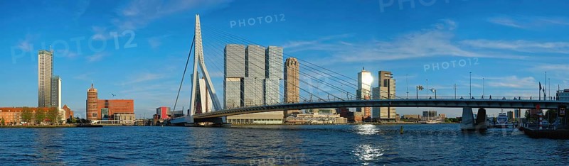 Panorama of Rotterdam cityscape with Erasmus bridge over Nieuwe Maas river on sunset. Netherlands