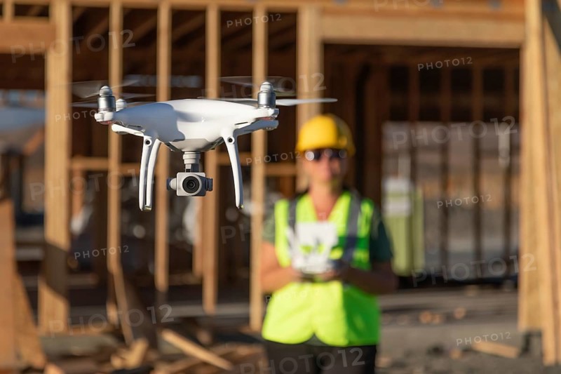Female pilot flies drone quadcopter inspecting construction site