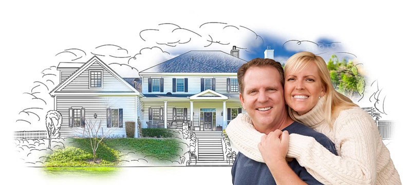 Happy hugging couple over house drawing and photo combination on white