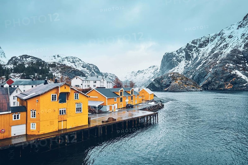 Panorama of Nusfjord authentic fishing village with yellow rorbu houses in Norwegian fjord in winter. Lofoten islands