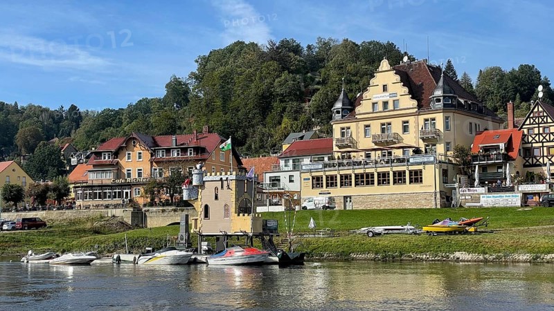 View from the Elbe ferry to the Manufaktur Hotel Stadt Wehlen and Cafe Richter