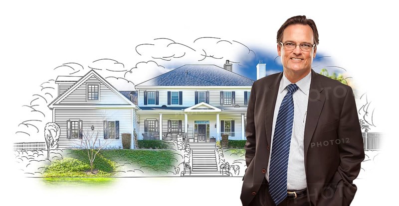 Man wearing suit and neck tie over house drawing and photo combination on white