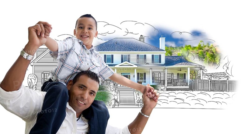 Hispanic father and son over house drawing and photo combination on white