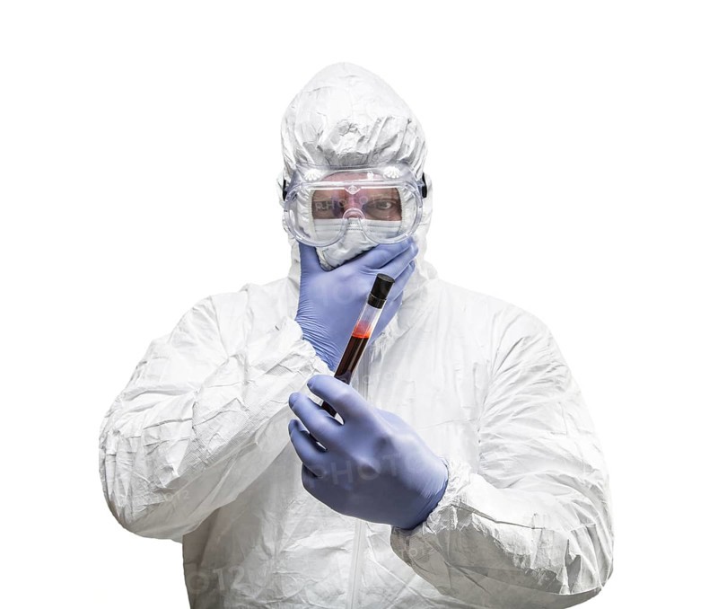 Man wearing HAZMAT protective clothing holding test tube filled with blood isolated on A white background