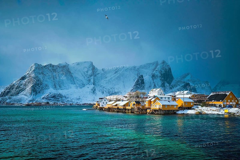 Yellow rorbu houses of Sakrisoy fishing village with snow in winter. Lofoten islands