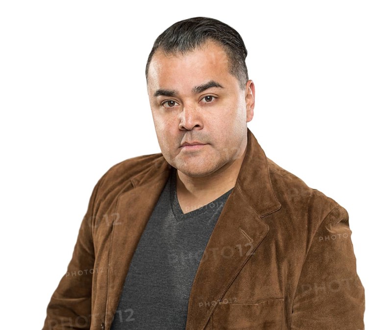 Handsome young hispanic male headshot portrait against white background