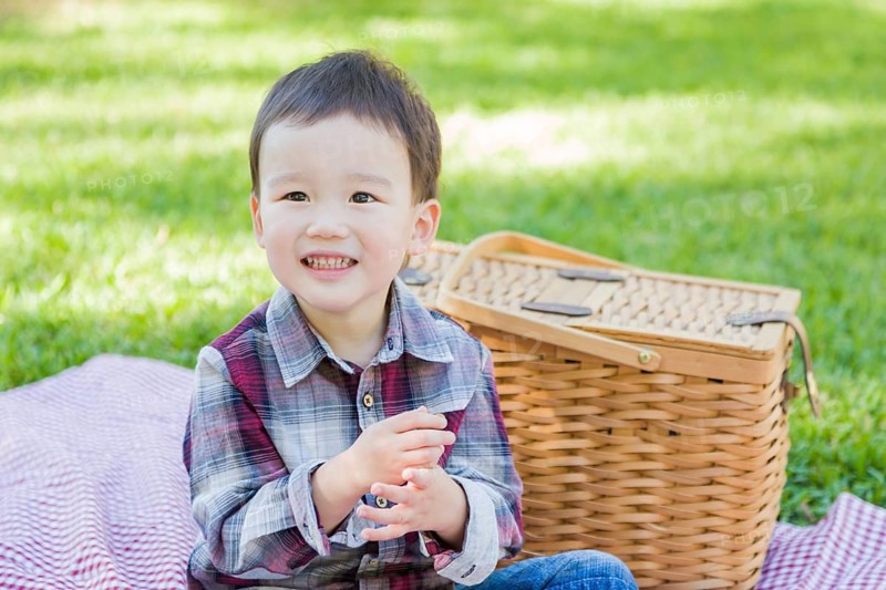 Cute young mixed-race boy sitting in park near picnic basket
