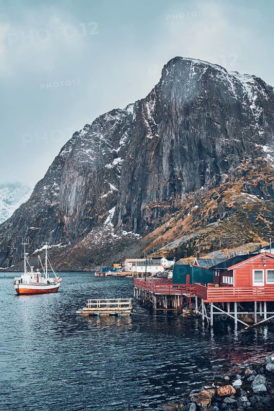 Hamnoy fishing village with ships fishing boats on Lofoten Islands