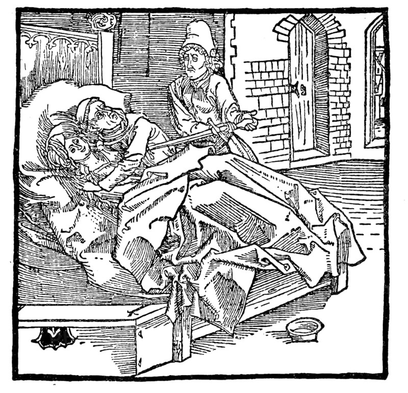 A man catches his woman with a monk and stabs them both with the sword