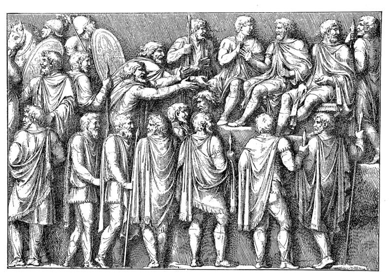 Germanic princes beg Marcus Aurelius for mercy and peace