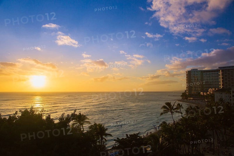 Beautiful sunset at waikiki beach in hawaii