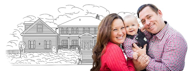 Happy young family with baby over house drawing isolated on a white background