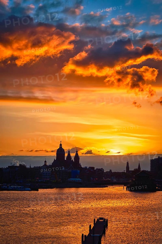Amsterdam cityscape skyline with Church of Saint Nicholas