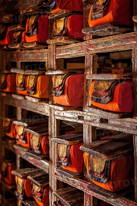 Folios of old manuscripts in library of Thiksey Gompa