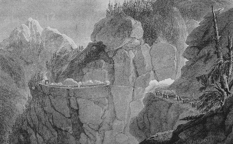 The French army under Napoleon Bonaparte forces marching through the valley of Aosta
