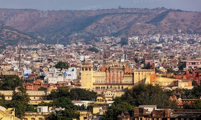 Aerial panorama view of Jaipur town and Hawa Mahal palace