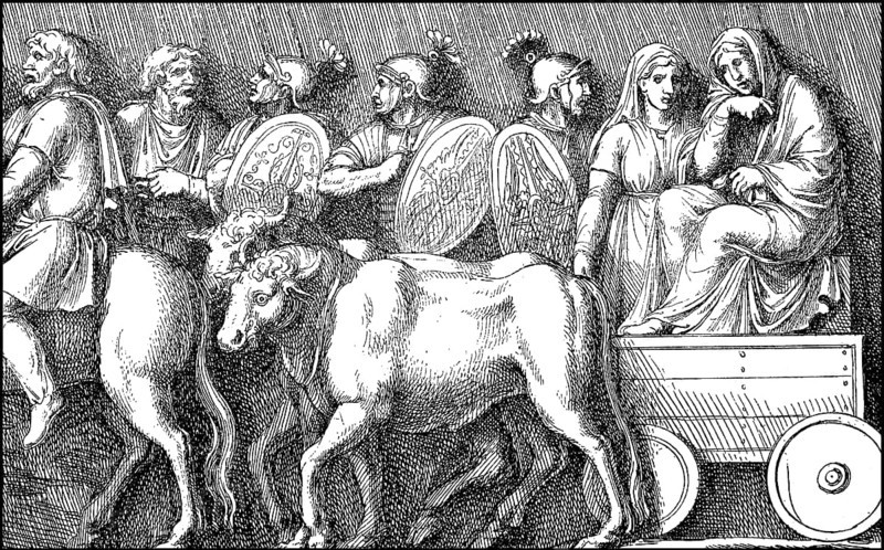 In a Germanic ox cart the woman follow the army procession