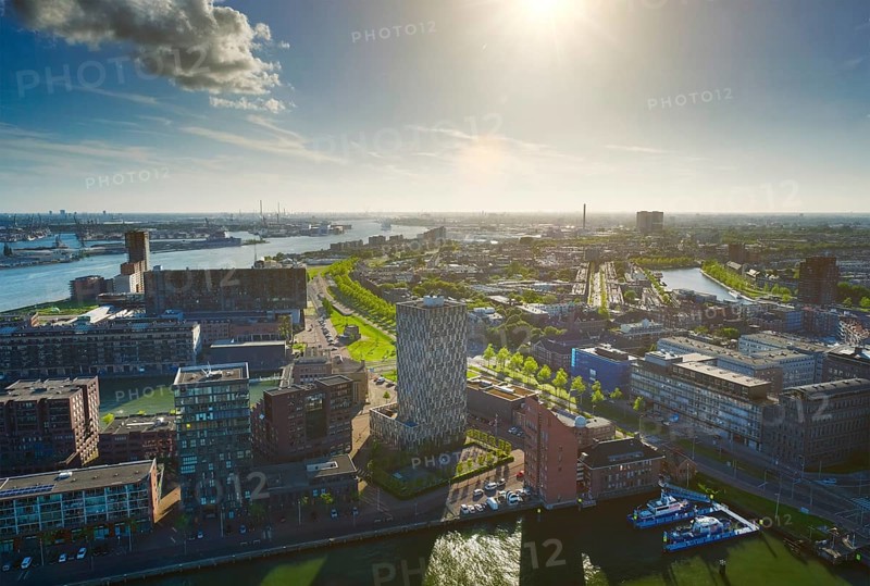 View of Rotterdam port and Nieuwe Maas river on sunset