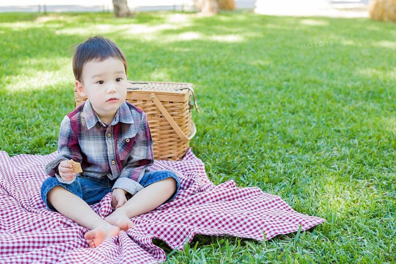 Cute young mixed-race boy sitting in park near picnic basket