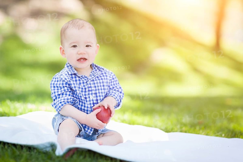 mixed-race infant baby boy sitting on blanket holding apple outside at the park