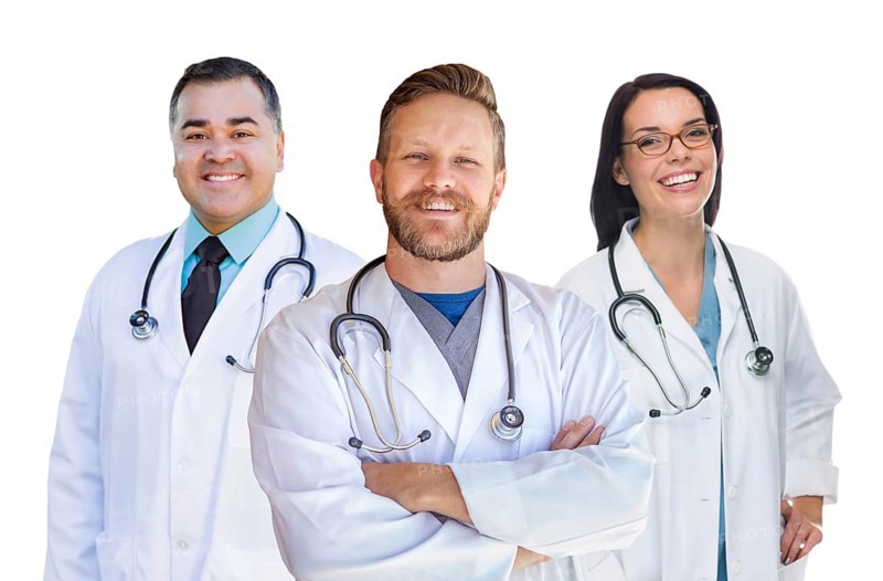 Group of mixed-race male and female doctors of nurses isolated on white background