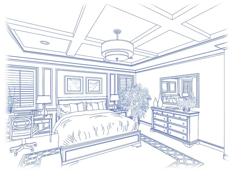 Beautiful custom bedroom design drawing in blue isolated on white