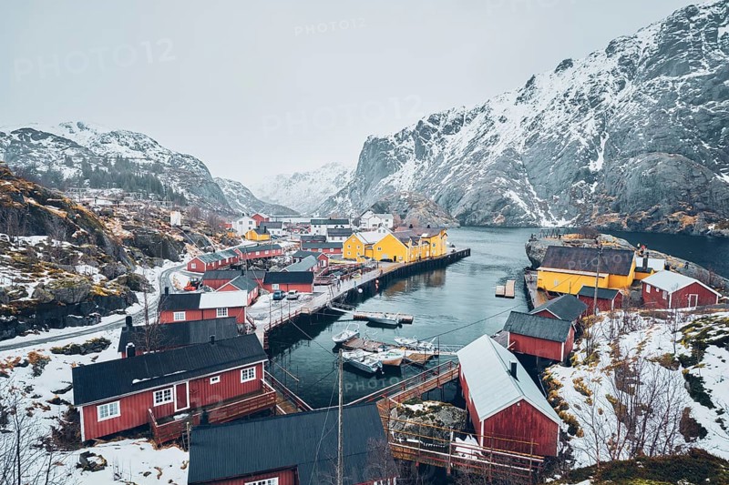Nusfjord authentic fishing village in winter. Lofoten islands