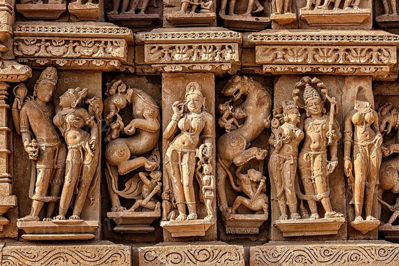 Stone carving bas relief sculptures on Adinath Jain Temple