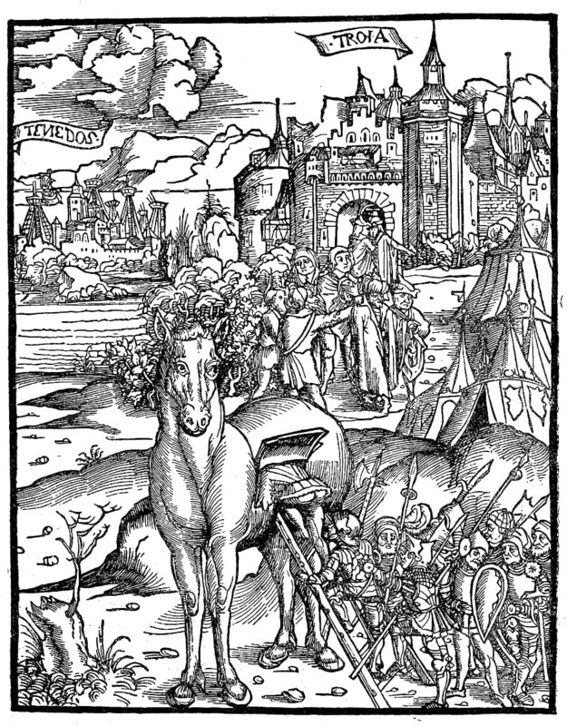 The Trojan Horse. The Greeks mount the wooden horse at the siege of Troy