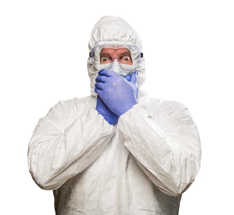 Man covering mouth with hands wearing HAZMAT protective clothing isolated on A white background