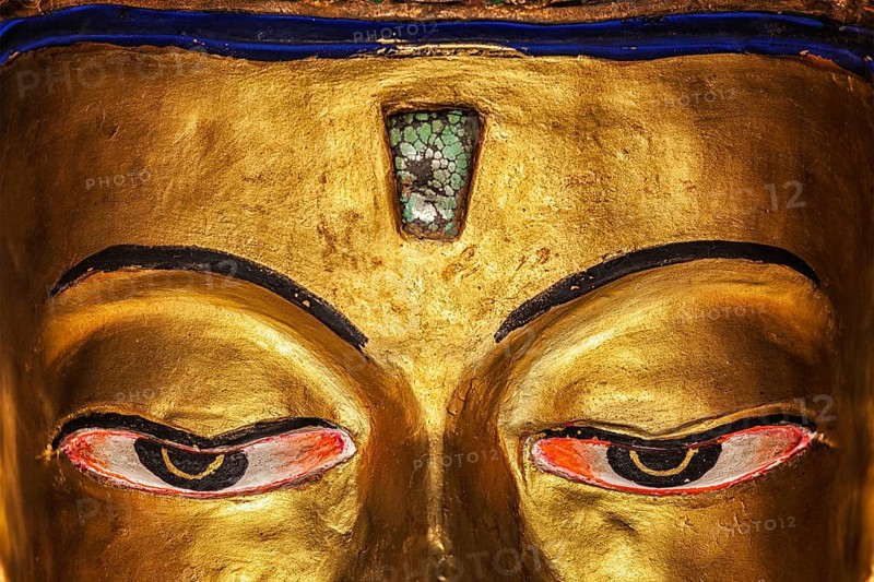 Eyes of Maitreya Buddha in library of Thiksey Gompa. Ladakh