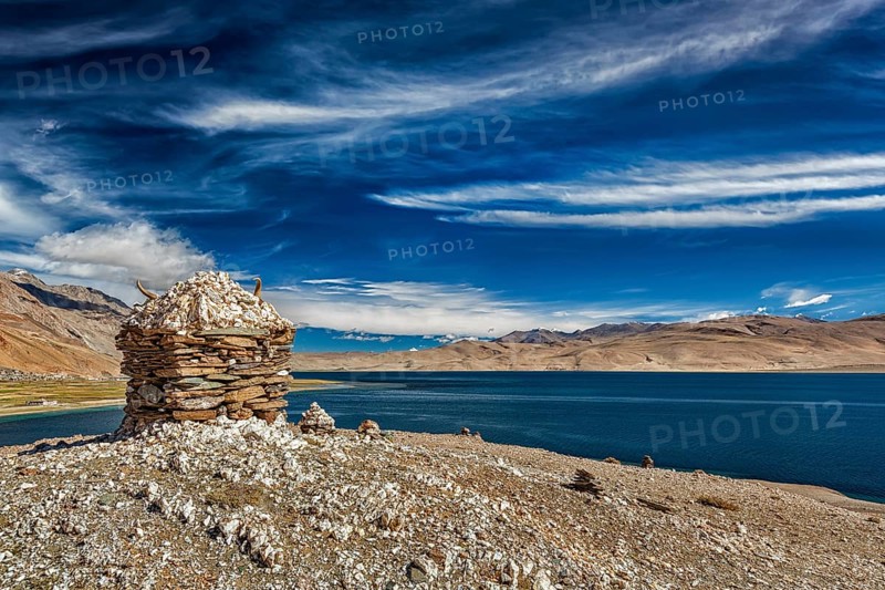 Stone cairn at Himalayan lake Tso Moriri
