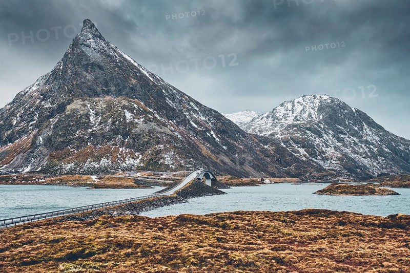 Fredvang Bridges in winter. Lofoten islands
