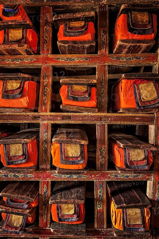 Folios of old manuscripts in library of Thiksey Gompa