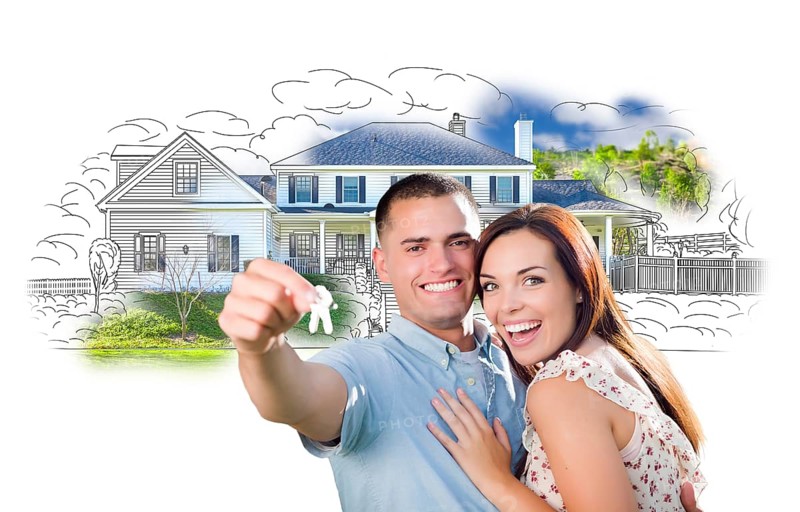 Military couple with keys over house drawing and photo combination on white
