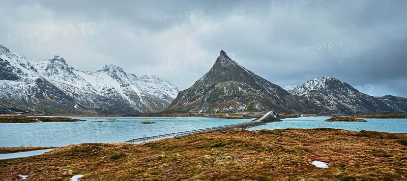 Panorama of Fredvang Bridges in winter. Lofoten islands