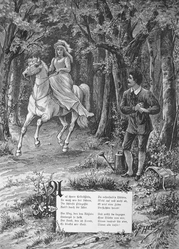 Der Hofgaertner ist in die Herrin verliebt und diese reitet zu Pferd durch den Wald