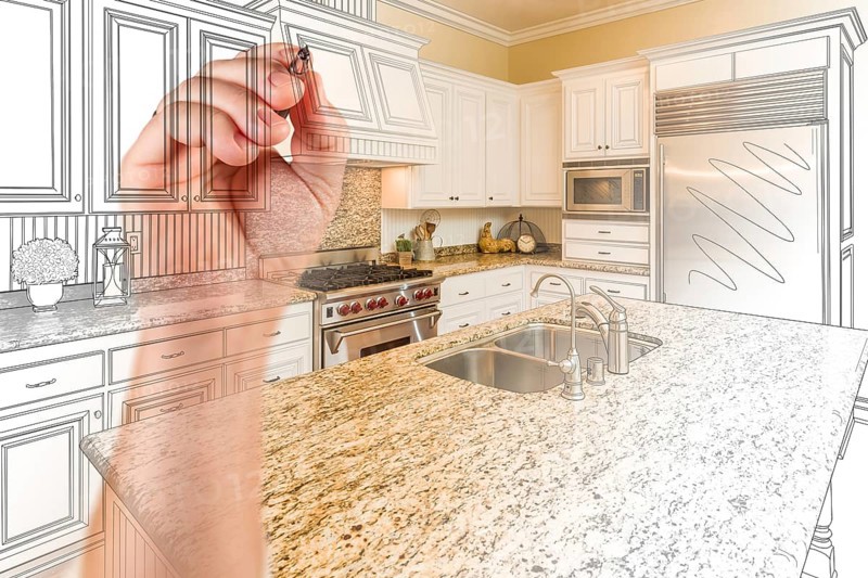 Hand drawing custom kitchen design with gradation revealing photograph